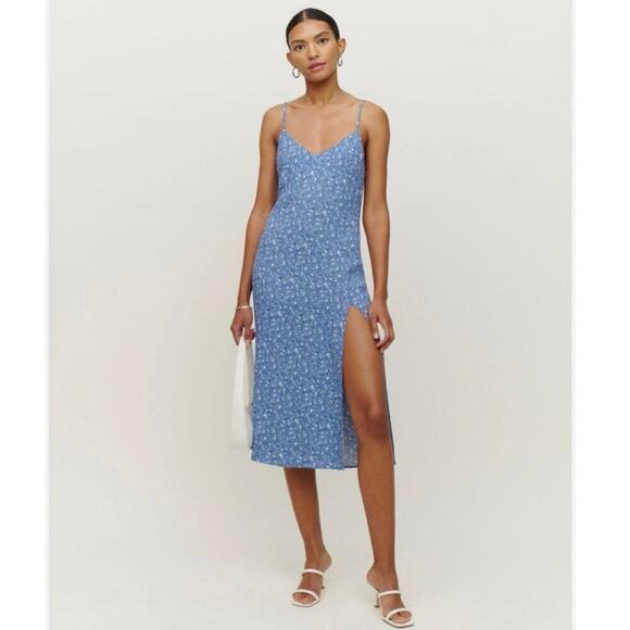 Reformation Dresses & Skirts - NWOT Reformation Crimini Blue Floral Midi Dress Slit Hem Women’s Size 0